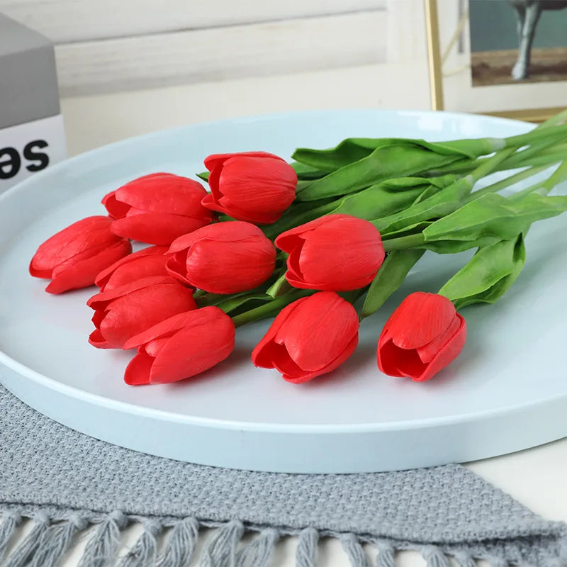 Free Shipping 31PCS/LOT PU Mini Tulip Artificial Flower Real Touch Wedding Floral Bouquet Christmas Home Party Decoration Gifts