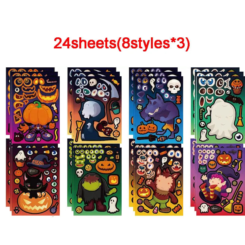 Halloween Party Favors Stickers for Kids 6-24sheets DIY Ghost Witch Mummy Make A Face Stickers Children Toddles Puzzle Jigsaw