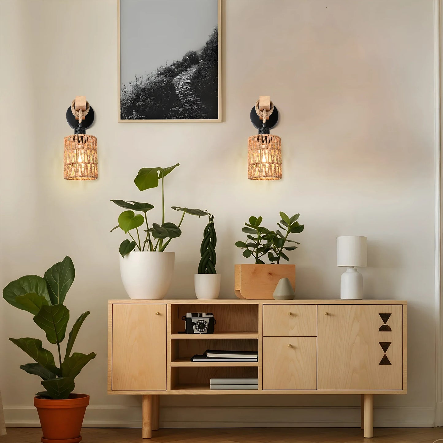 Rattan Wall Sconces Set of Two,Wall Lights with Dimmable, Boho Wall Mount Light Fixtures, Wicker Wall lamp  for Bedroom Nursery