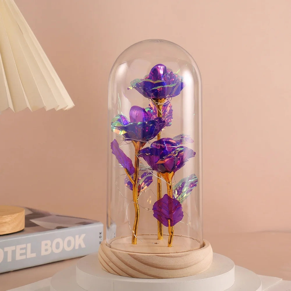 LED Valentine Day Gift For Girlfriend Eternal Rose Light 24K Gold Foil Flower In Glass Cover Mothers Day Wedding Bridesmaid Gift