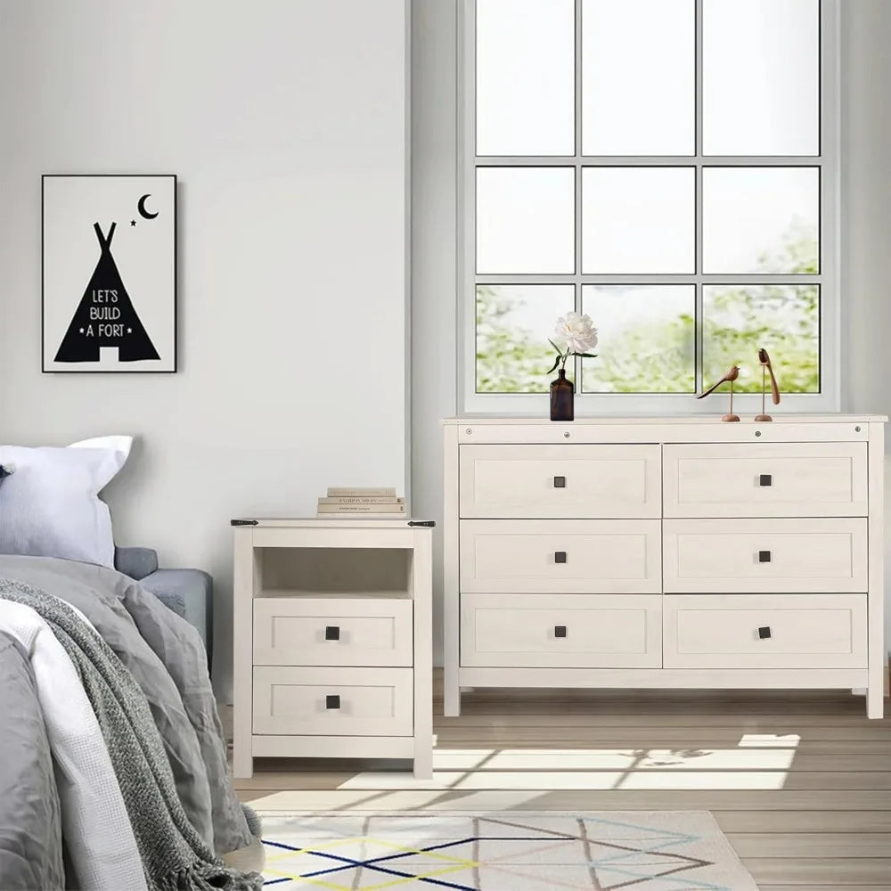 3 Pieces Bedroom Furniture Set, Rustic Wood 6 Drawer Dresser and Nightstands, Chest of Drawers.