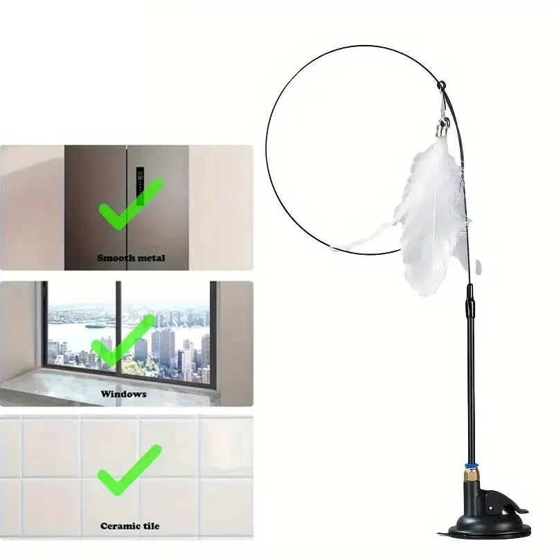 Cat Teaser Toy - Interactive Bell & Feather Wand - Long Suction Cup