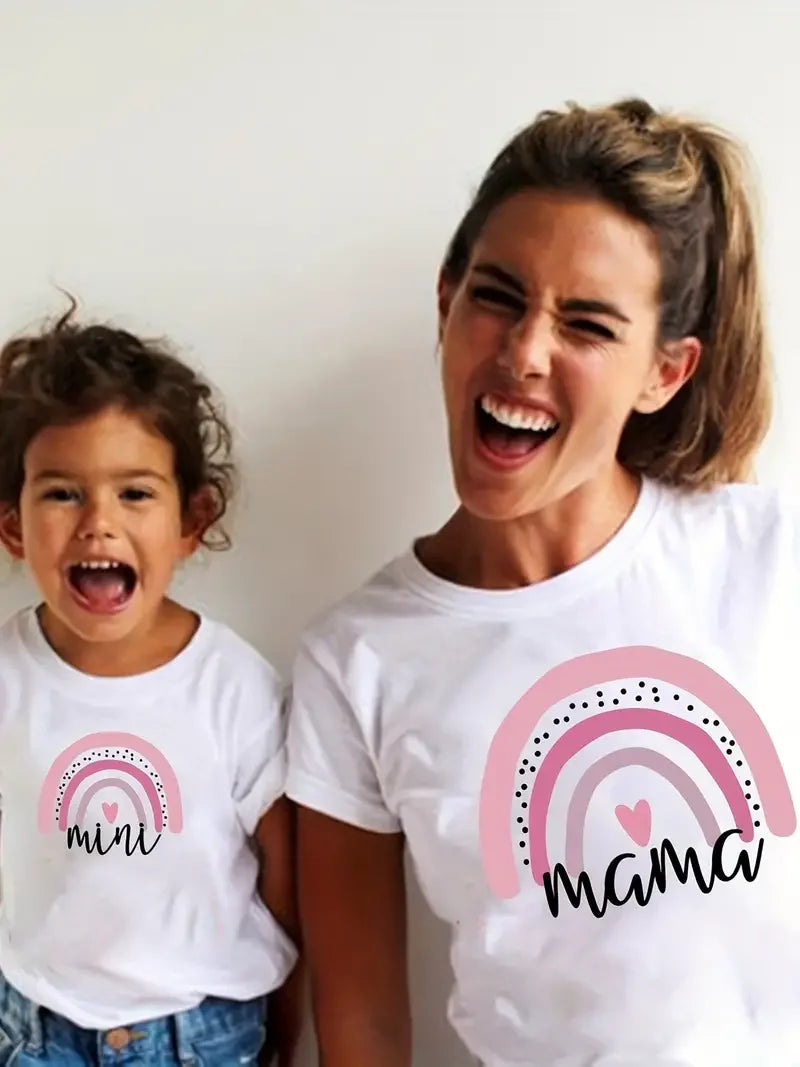 Stylish Family Matching T-shirt, MOM&DAUGHTER Casual Rainbow Print Breathable Cotton Family Tops, Mom And Daughter Matching Tees