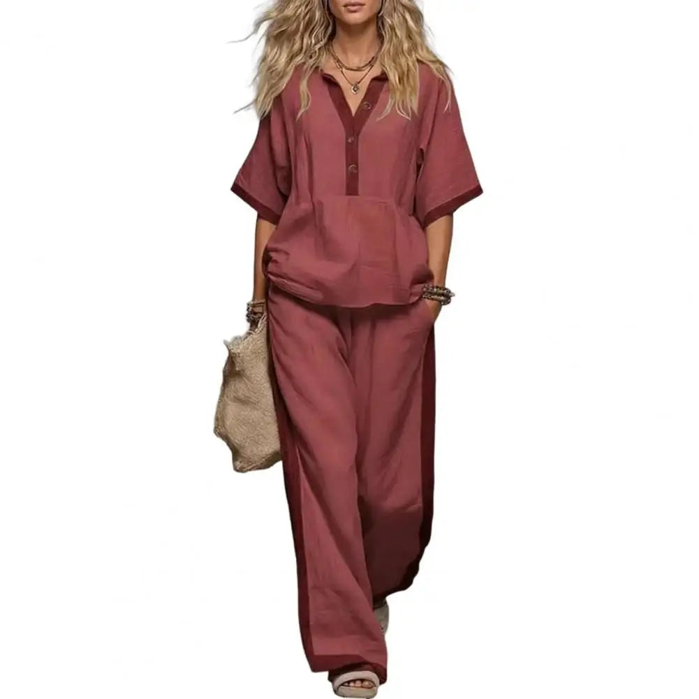 Women Cotton Linen Set, Summer V-Neck Loose Fit & Elastic Waist Palazzo Pants 2-Piece Outfit, Casual Top and Wide Leg Trousers