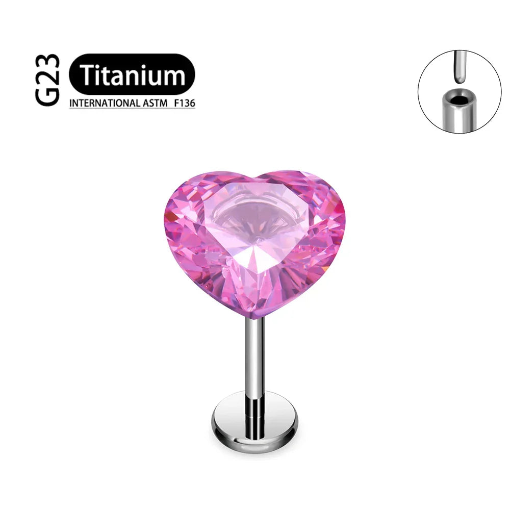ASTM F136 Titanium 18G/16G Threadless Push Pin Labret Stud CZ Heart Cartilage Earring Helix Tragus Nose Stud Piercing