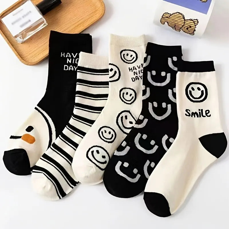 5/1 Pairs Happy Face Crew Socks , Cartoon Cat Breathable Cotton Mid Tube Socks, Women's Stockings & Hosiery