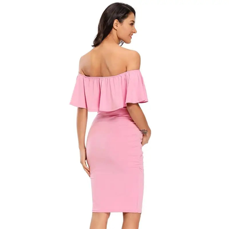 Liu&Qu Women's Maternity Dress Off Shoulder Ruffle Sleeveless Bodycon Dress Elegant Ruched Sides Bodycon Dresses for Baby Shower