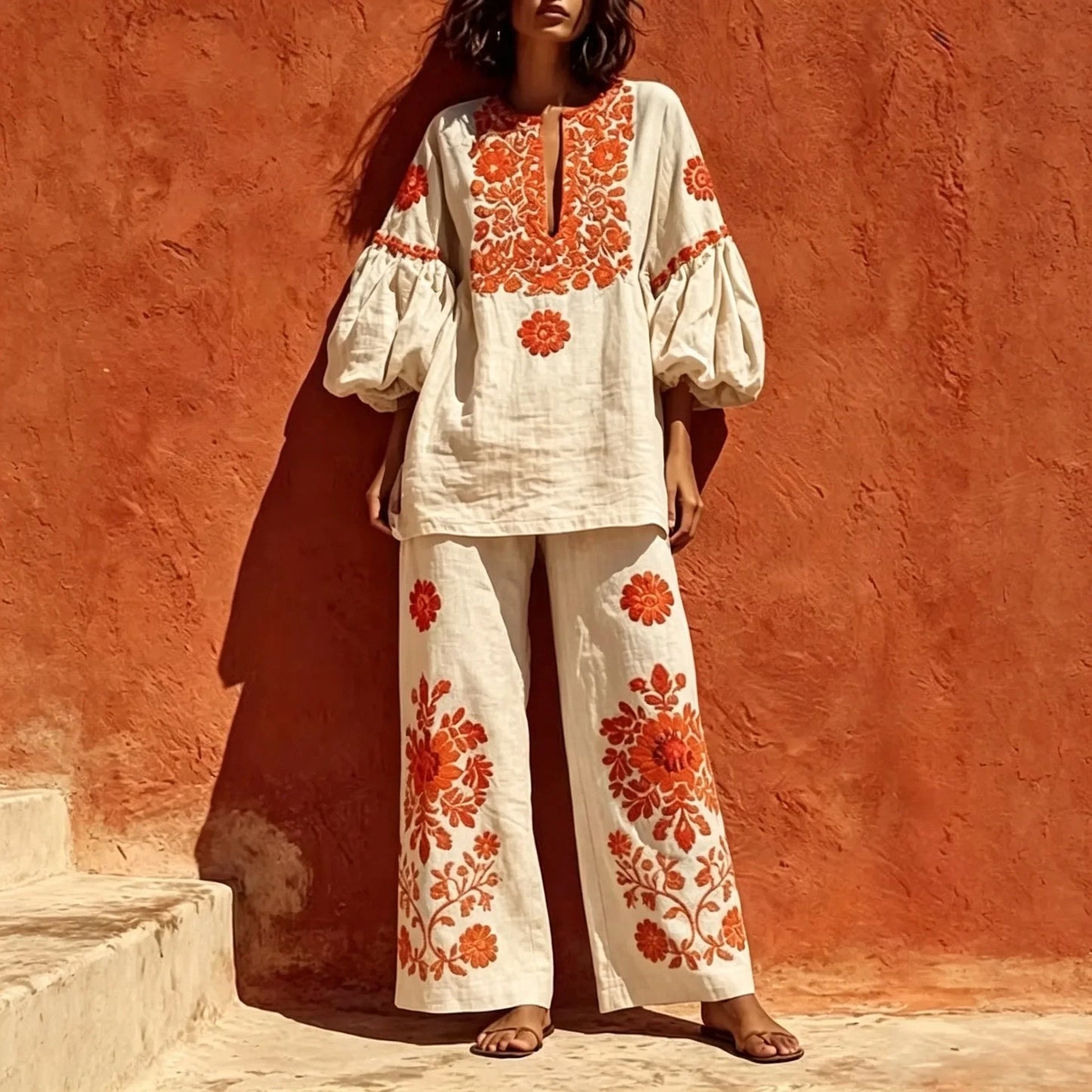 New Summer Women Boho Linen 2 Piece Outfit Floral Print Lantern Sleeve O Neck Blouse Wide Leg Pants Autumn Vintage Holiday Sets