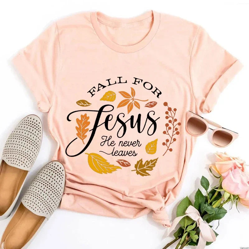 Fall for Jesus He Never Leaves Shirt Fall Clothing Women Thanksgiving Family Matching Shirt Jesus Tops Thanksgiving Dinner L