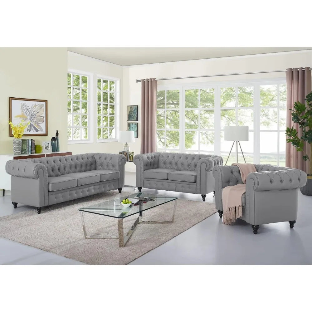 2pc Modern Tufted Faux Leather Living Room Sofa Set With Button & Nailhead Trim Scroll Arms, Grey, Customized