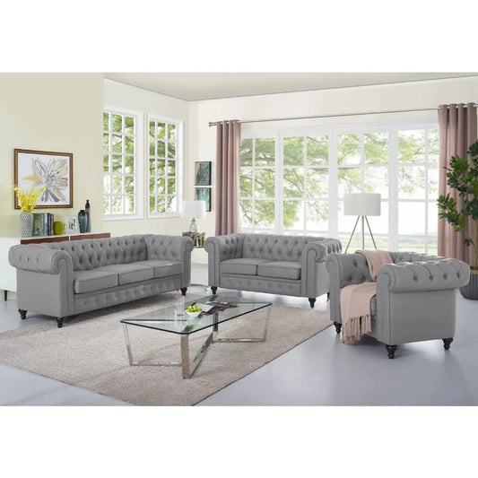 2pc Modern Tufted Faux Leather Living Room Sofa Set With Button & Nailhead Trim Scroll Arms, Grey, Customized