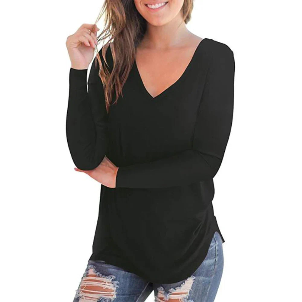 2023 autumn and winter women's clothes solid color primer new style V neck long sleeve women's T-shirt women in stock