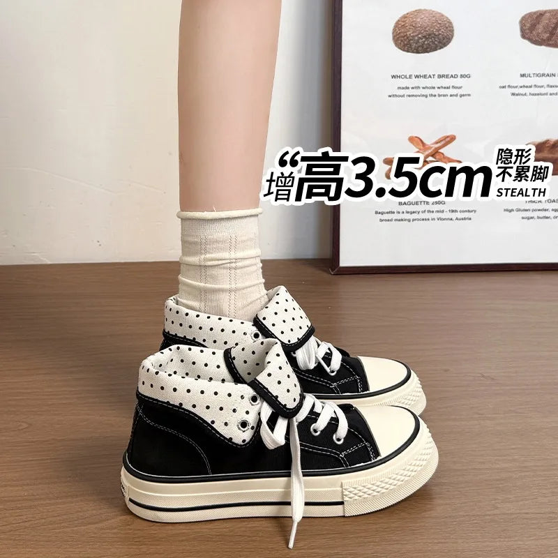New High Help Canvas Shoes Dots Women's Casual Shoes Woman Vulcanize Sneakers Comfortable Sport Walking Platform Flats Shoes 015