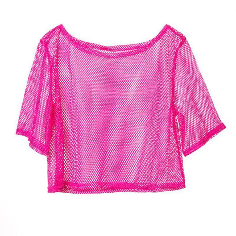 Women Fishnet Tank T-Shirt Casual Crop Tops See Through Mesh Top Women's Mesh Yoga Shirt Sexy Mesh Cover Up Party Dance Top