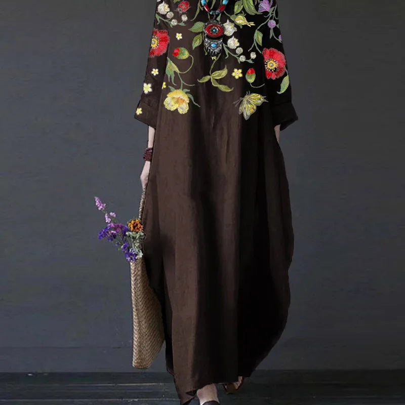 Elegant Boho Loose Swing Maxi Dress Retro Art Print 3/4 Sleeve Pocket Long Dress Casual O-Neck Office Lady Pullover Dress Mujer