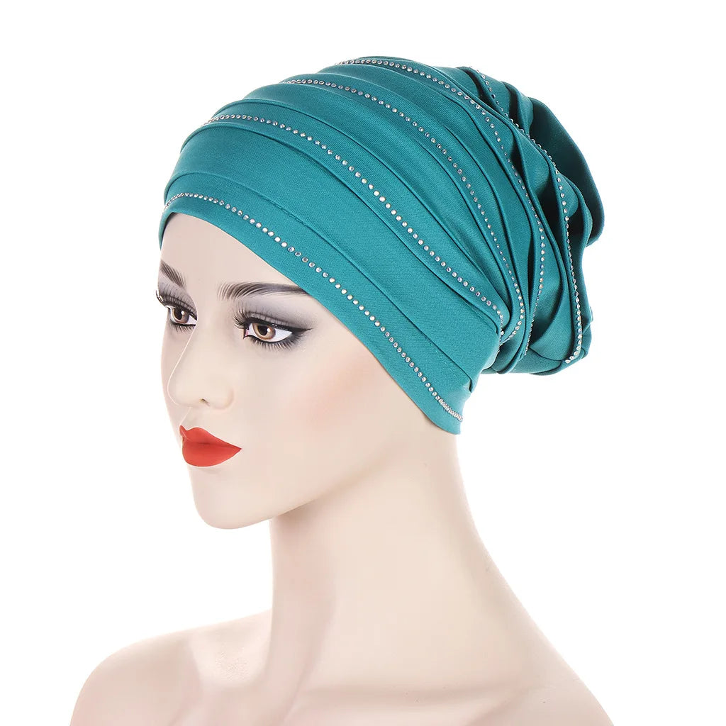 2024 New Rhinestones Women's Pleated Turban Cap Candy Color African Hat Nigeria Geles Muslim Headscarf Bonnet Ladies Head Wraps
