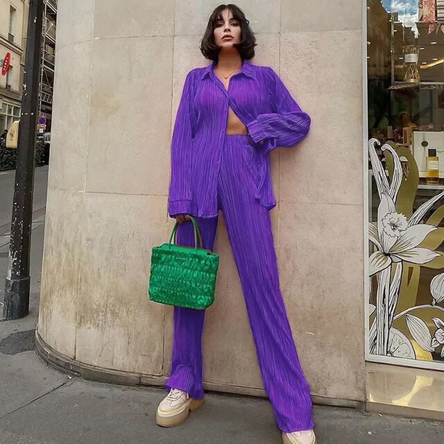 Women's Orange Long Sleeve Shirt Suit, Chiffon Tops, Wide Leg Pant, Sexy 2-Piece Set, Street Sweatsuit, Fitness Pit Strip Jacket