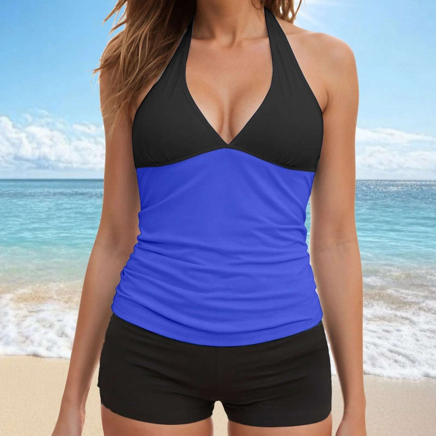 Women Fashion Two Piece Tankini Swimsuit Halter V Neck Backless Tops Tight Shorts Beachwear Ladies Swimsuit Trajes De BañO Mujer