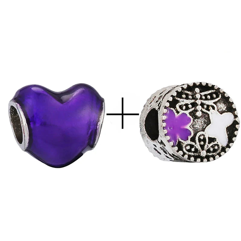 BRACE CODE 2Pcs/Lot Pan Spring New Purple Charm Love Floral Diy Beads Pendant Making Men's Women's Children's Fine Bracelets