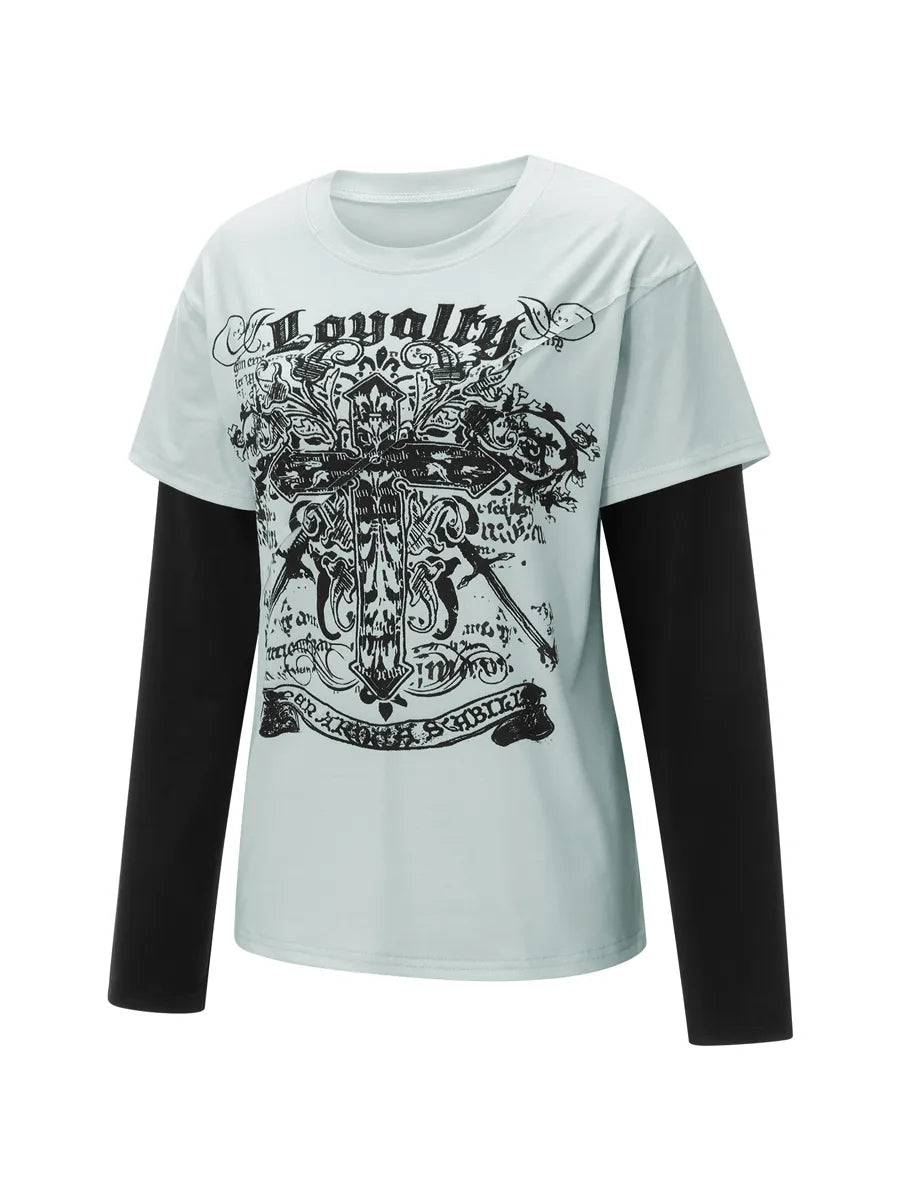 Women s Y2K Fairy Grunge Shirt Vintage Cross Graphic Patchwork Long Sleeve Crewneck T-Shirt Aesthetic Tee Top