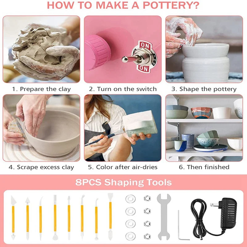 Mini Pottery Wheel For Kid 10CM Forming Machine Electric Ceramic Wheel With Clay Tools For Adults Beginners US Plug