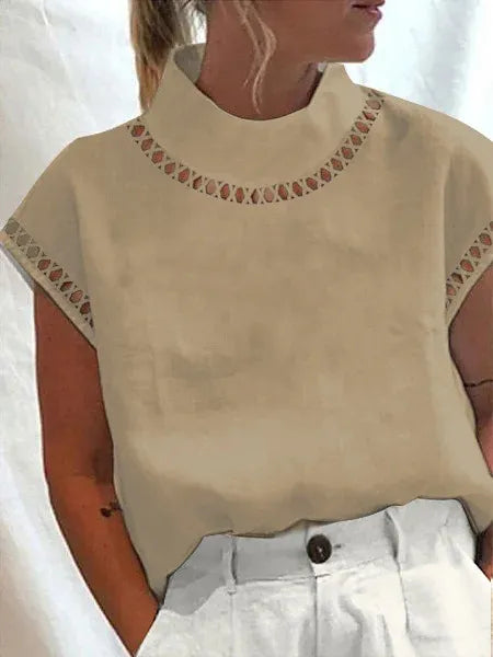 Vintage Tops Mujer Women Blouse Solid Cotton Summer Casual Chic Tunic Hallow Stand Collar Oversized White Blouses Blusas