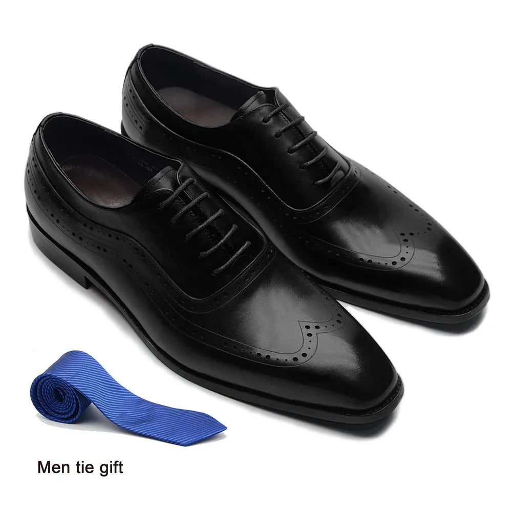 Men Wingtip Oxford Dress Shoes, Genuine Leather Brogue, Dark Brown Lace-up Pointy Toe, Business, Office, Wedding, Formal Shoes.