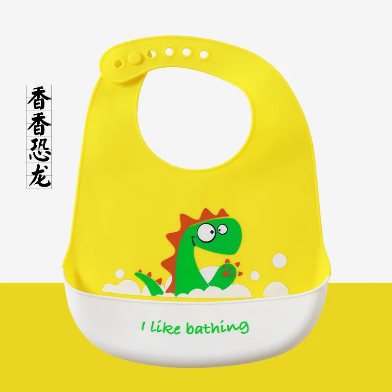 Cute Baby Bibs Waterproof Silicone Bib Infant Toddler Feeding Saliva Towel Cartoon Adjustable Children Apron with Pocket Scarf