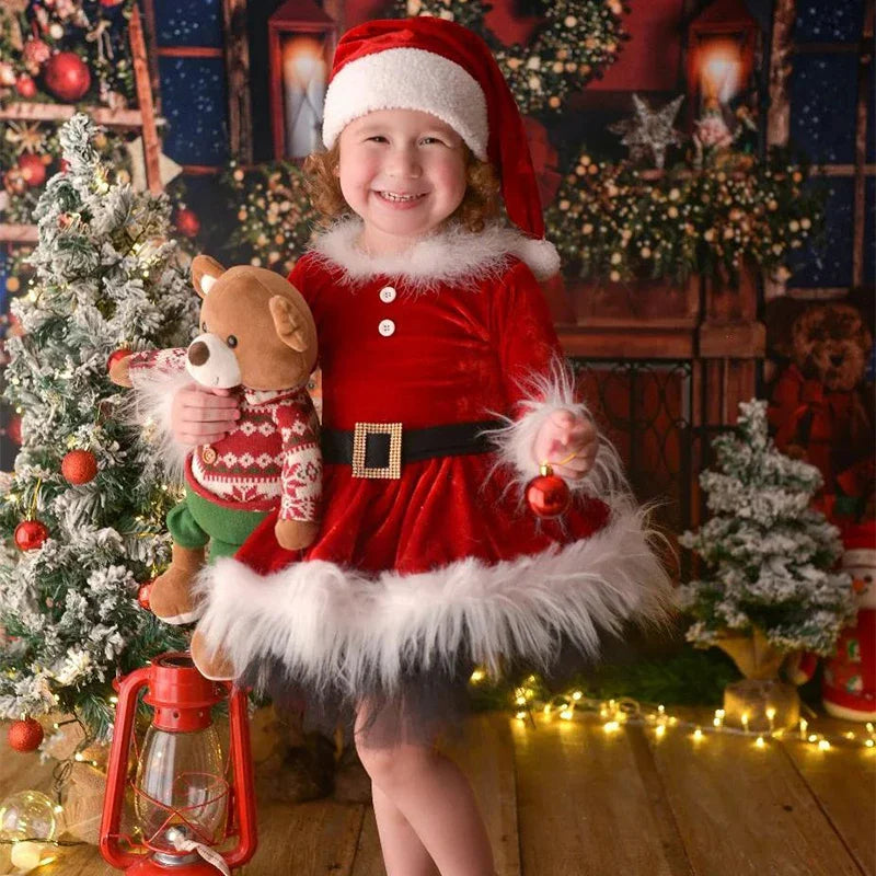 1-6years Kids Girl Christmas Dress Long Sleeve Furry Patchwork Dress With Bowknot Cosplay Xmas Dress For Girls