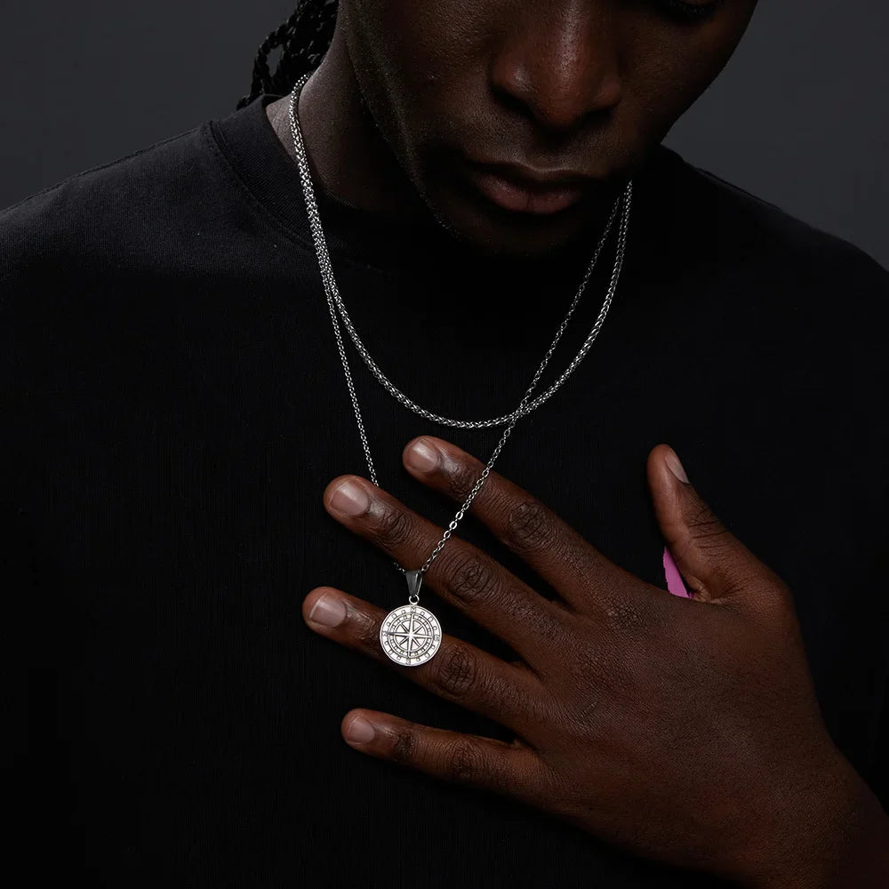 Vnox Layered Necklaces for Men, Sailing Travel Compass Pendant, Stainless Steel Cuban Figaro Wheat Chain, Casual Retro Collar