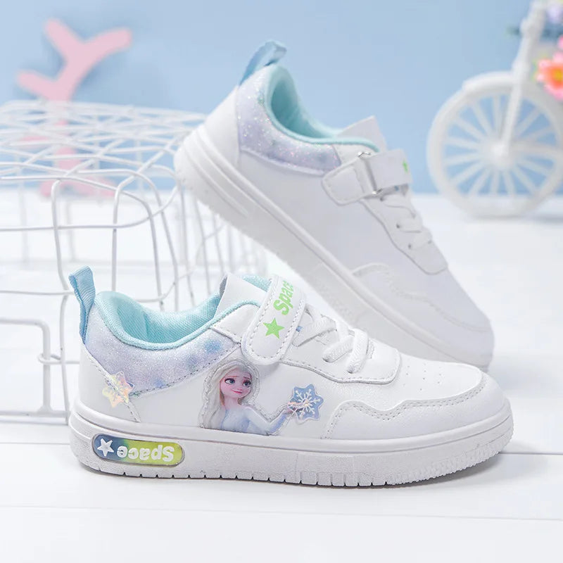 Disney Children's Shoes Elsa Frozen Princess Sports Shoes for Girls Kids Fashion White Shoes PU Breathable Casual Sneakers
