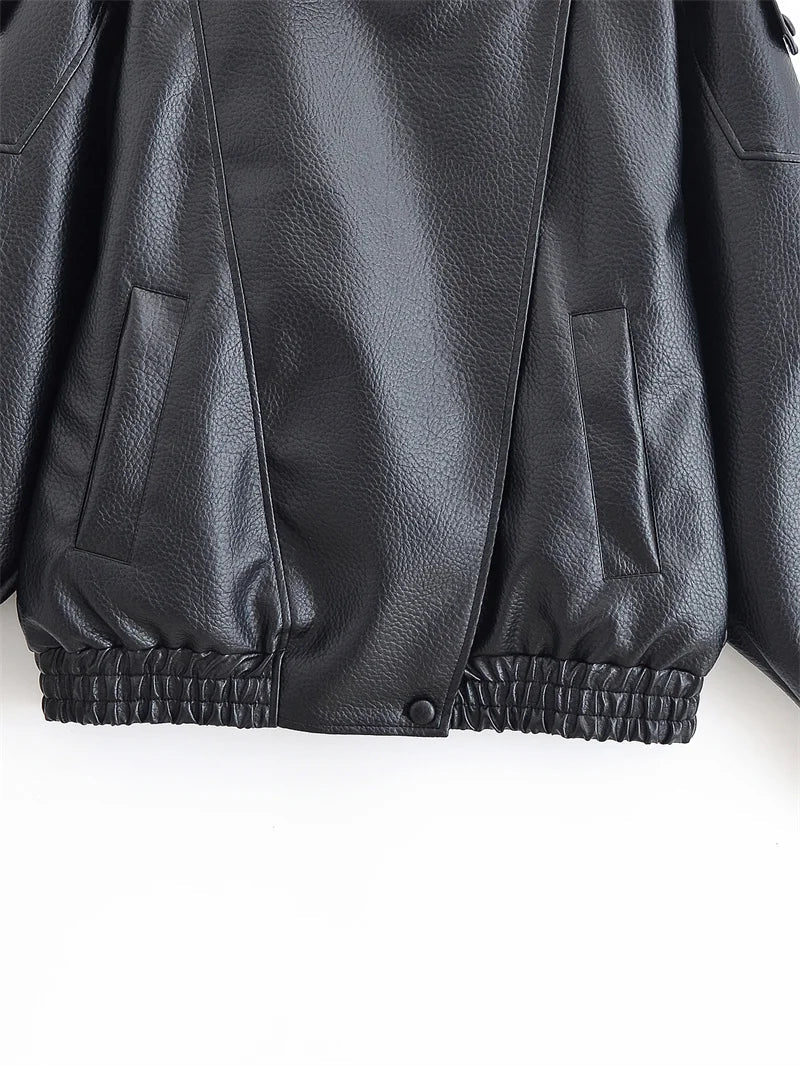 Women Fall 2025 New Black Long Sleeve Pebble Faux Leather Jacket.