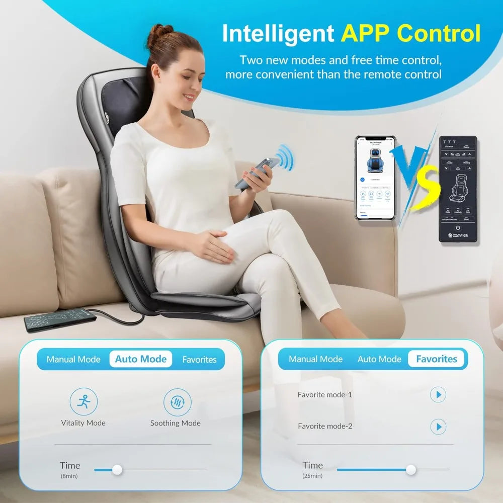 Shiatsu Neck Back Massager with Heat and Compression, App Control 2D or 3D Deep Tissue Kneading Massage Chair Pad,Chair Massager