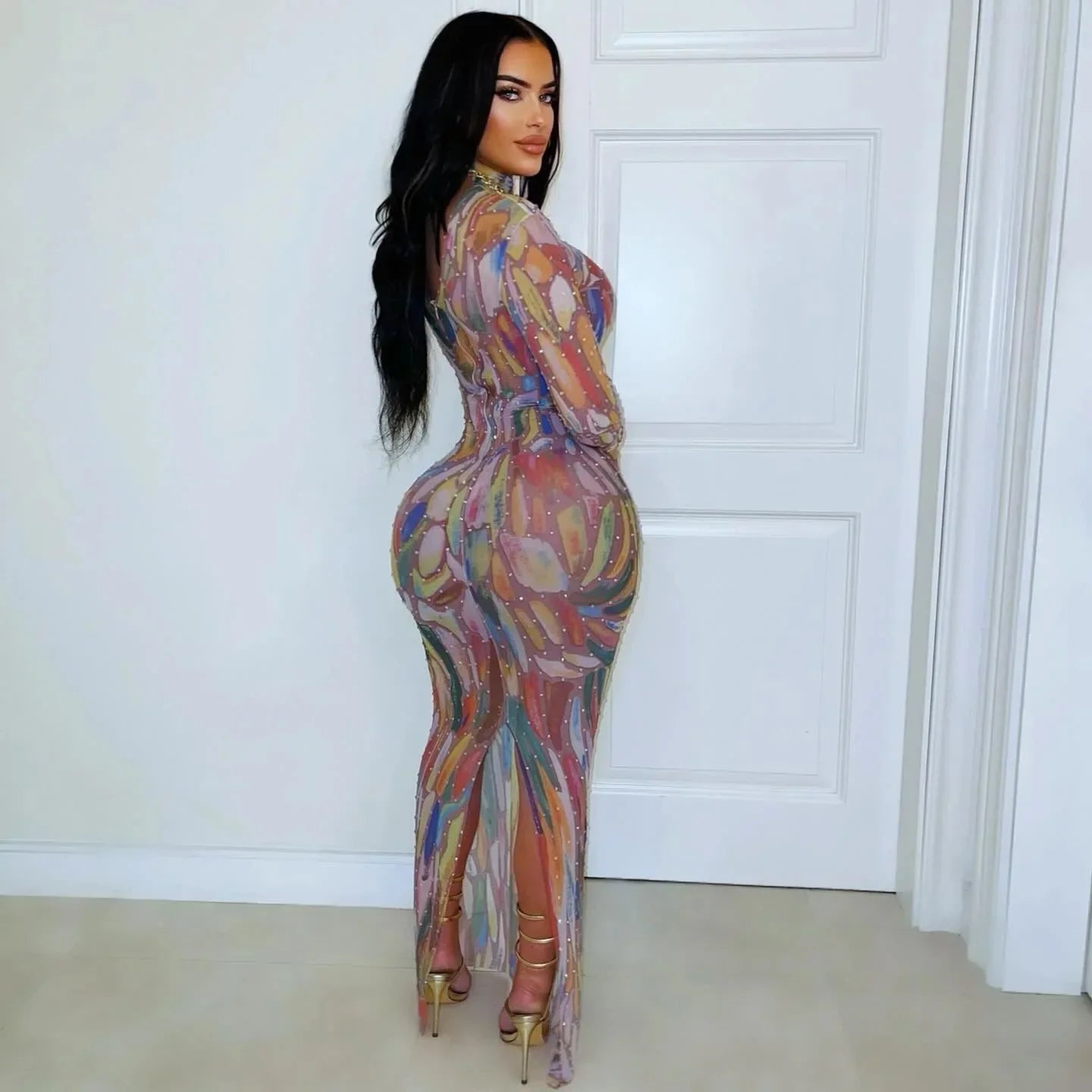 Designer Performance Outfit, Long Sleeve Water-Media Net, Diamond-Heated Sexy High-Elastic Birthday, Dance, Party Gown.