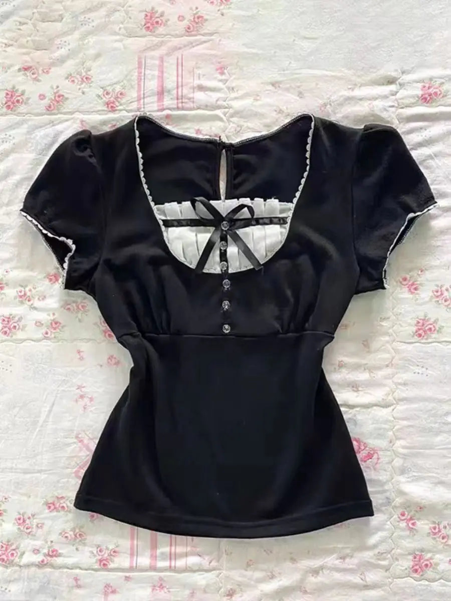 Punk Sexy Tops Y2k Vintage Clothes 90s Women Black Gothic Lace Slim Harajuku Bady Tee Crop Top Graphic T shirt Girl Summer Tee