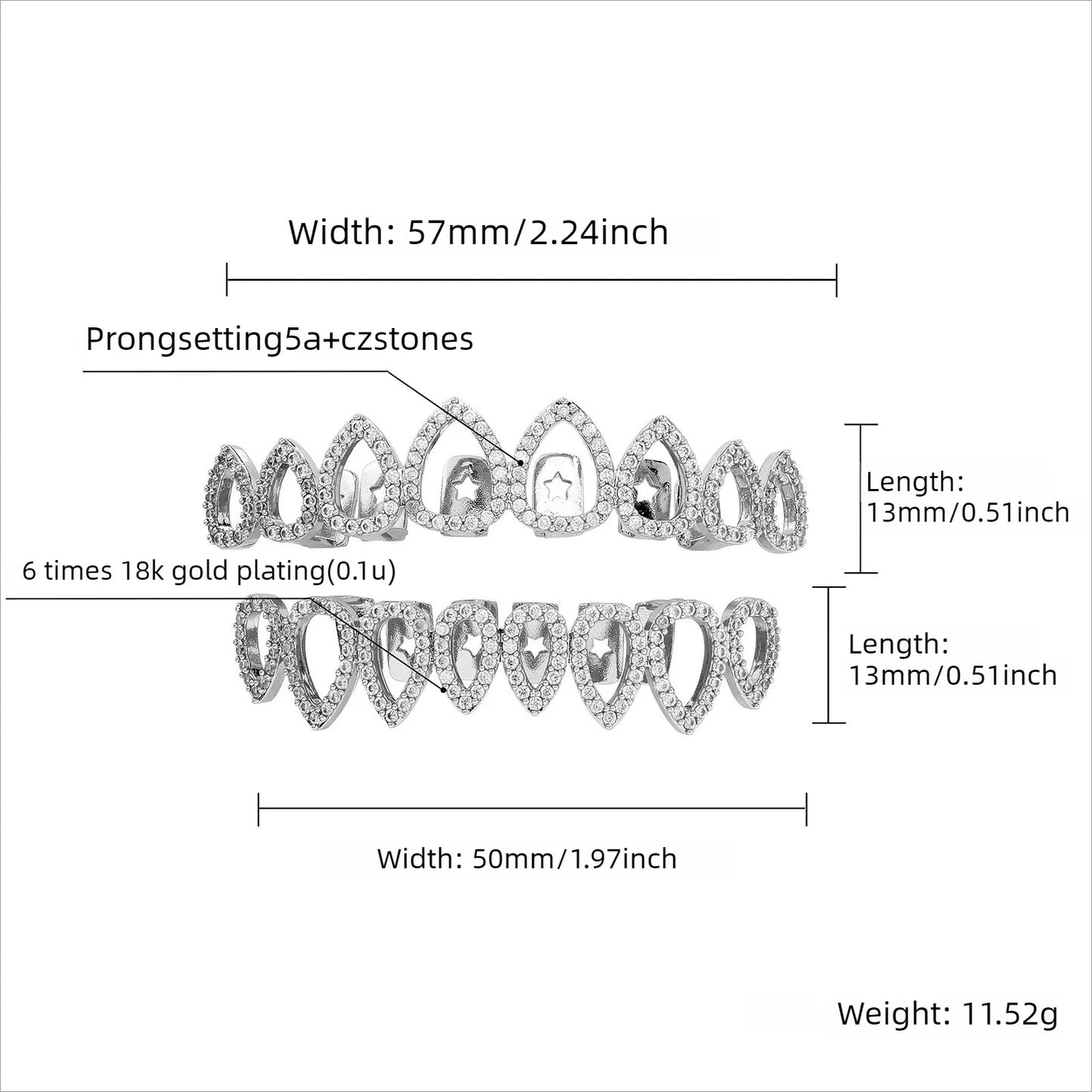 HipHop CZ Teeth Set For Unisex Top Bottom Mouth Gold Silver Color Teeth Tooth Cap Removable Dental Fashion Jewelry