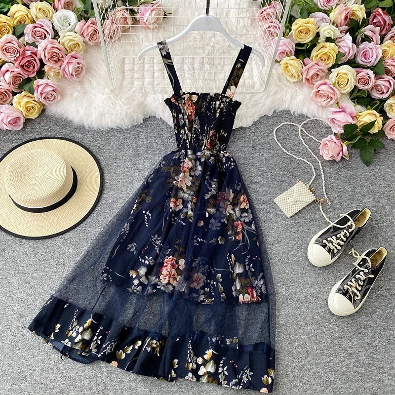 litmage Summer Women's Dress French Retro Square Neck Print Suspender Dress New Waist Lace Feamle Short Dresses HH293