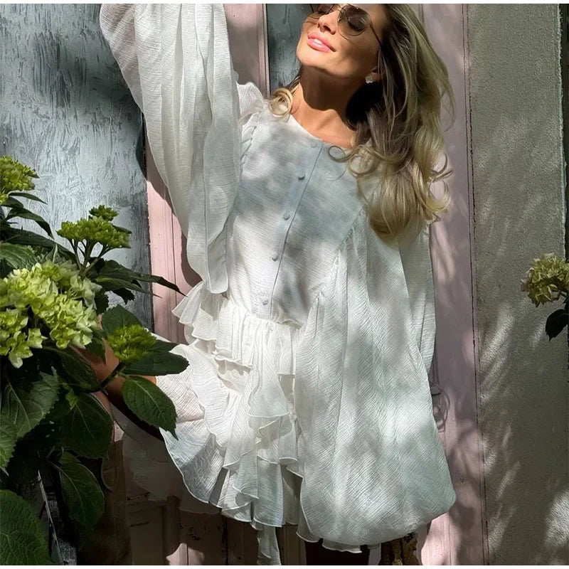 Elegant Layer Ruffles Hem Mini Dresses Chic Loose O Neck Lantern Sleeve Button A-line Cake Dress New Ladies High Street Vestidos