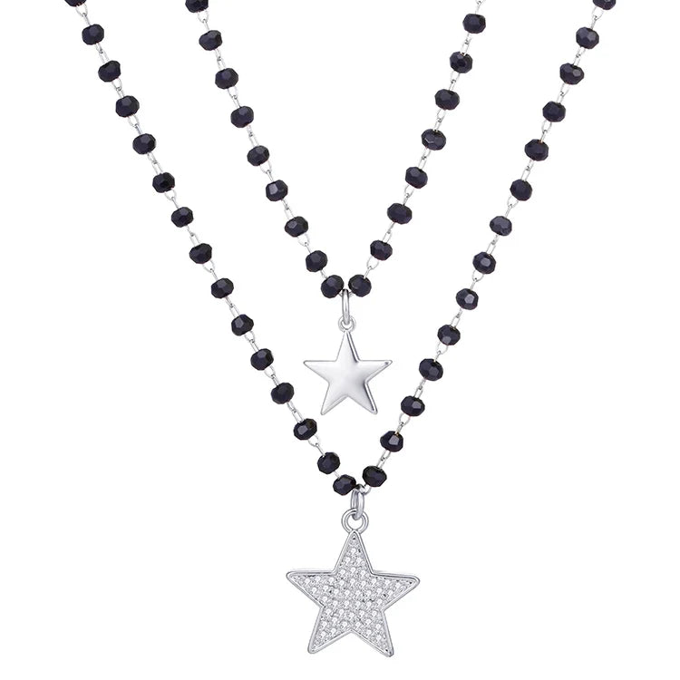 Fashion Double Layer Black Crystal Beads Necklace For Women Stainless Steel Star Choker Necklace Women's Jewelry femme Bijoux