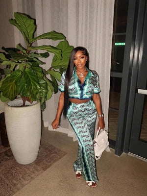 STYLISH LADY Printed Satin 2 Piece Set Women Short Sleeve Crop Top and Pant Suits 2025 Summer Elegant Party OL Outfits