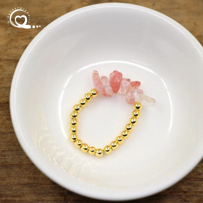Healing Crystal Chip Stackable Rings Golds Brass Round Beads Natural Stone Gravel Stretchy Ring Fashion Women Jewelry,QC4218
