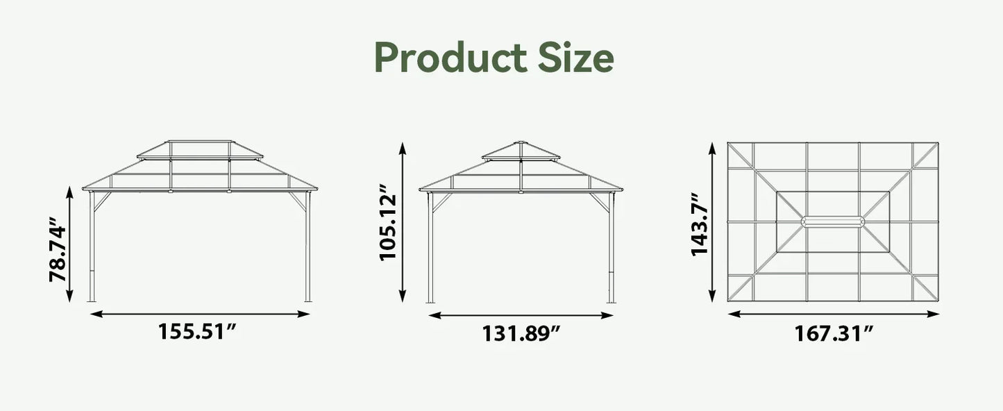 12'x14' Hardtop Gazebo, Aluminum Frame Permanent Pavilion with Curtains and Netting, Designed for Garden, Brown