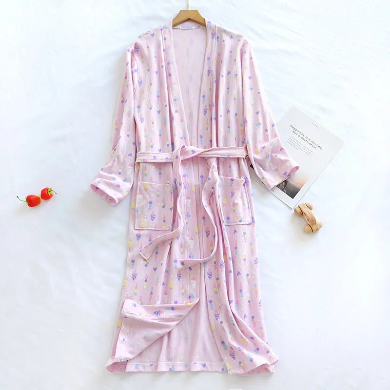 Spring and Autumn Cotton Waffle Kimono Bride Bathrobe and Night Gown Home Wear Women Flower Print Sashes House Robe for Women