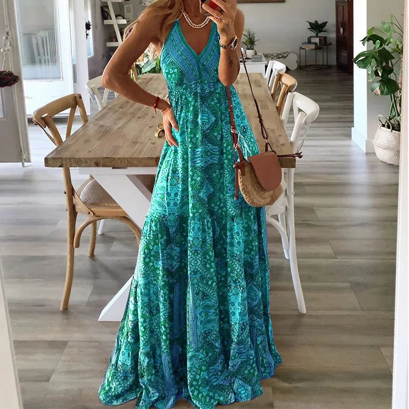 2024 Women's Summer Boho Long Dresses Elegant V Neck Party Dresses Vintage Printed Sleeveless Sexy Slim Maxi Beach Dress Mujer