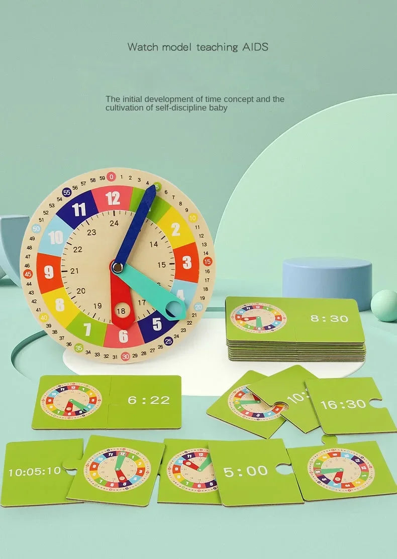 Wooden Clock Model Teaching Aid Montessori Learning Clocks with Cards Kindergartner Toy for Game Interaction Playroom Wall