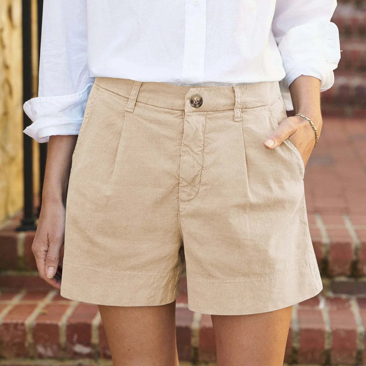 Women'S Summer Shorts Soft Stretch Twill Shorts With Side Pockets Classic Solid Straight Button Daily Commute Comfy Shorts