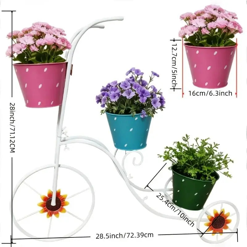 Tricycle Planter Stand with 3 Plant Bucket, White Metal Tricycle Planter, 3 Tier Floral Flower Plant Stand Holder Hand Painted Outdoor Garden Patio Decor