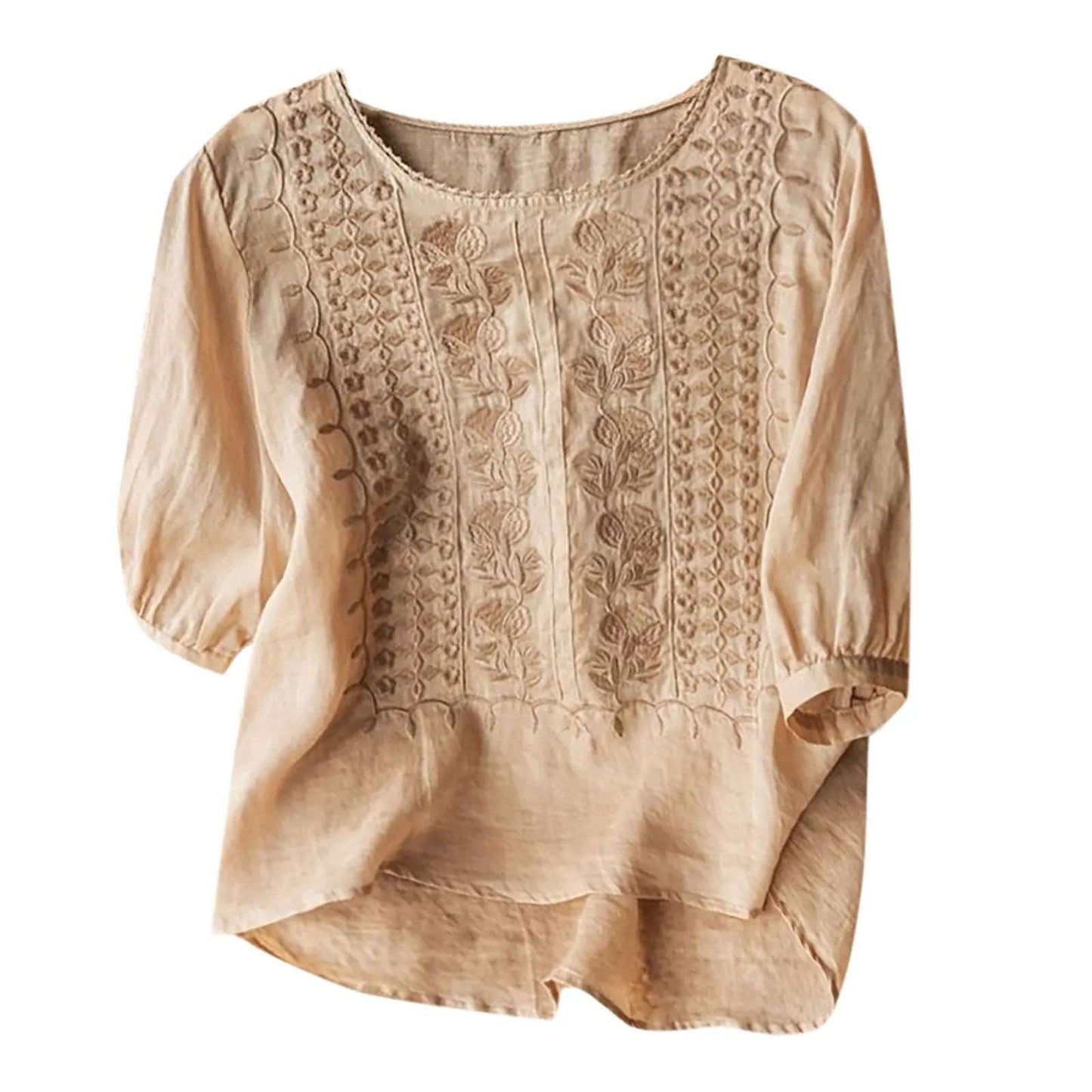 Cotton Linen Half Sleeve T-Shirts Womens Vintage Simple Floral Embroidery Blouses Retro Plain Lightweight Summer T-Shirts Tops