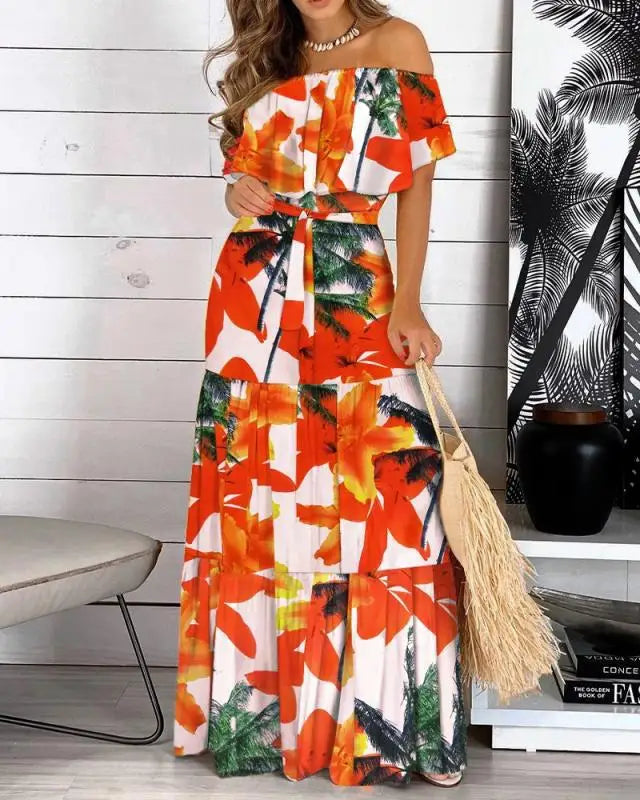 2021 New Fashion Leopard Robe Print Long Dress Ruffle Maxi Sundress Bohemian Women Summer Sexy Casual Elegant Strapless Vestidos