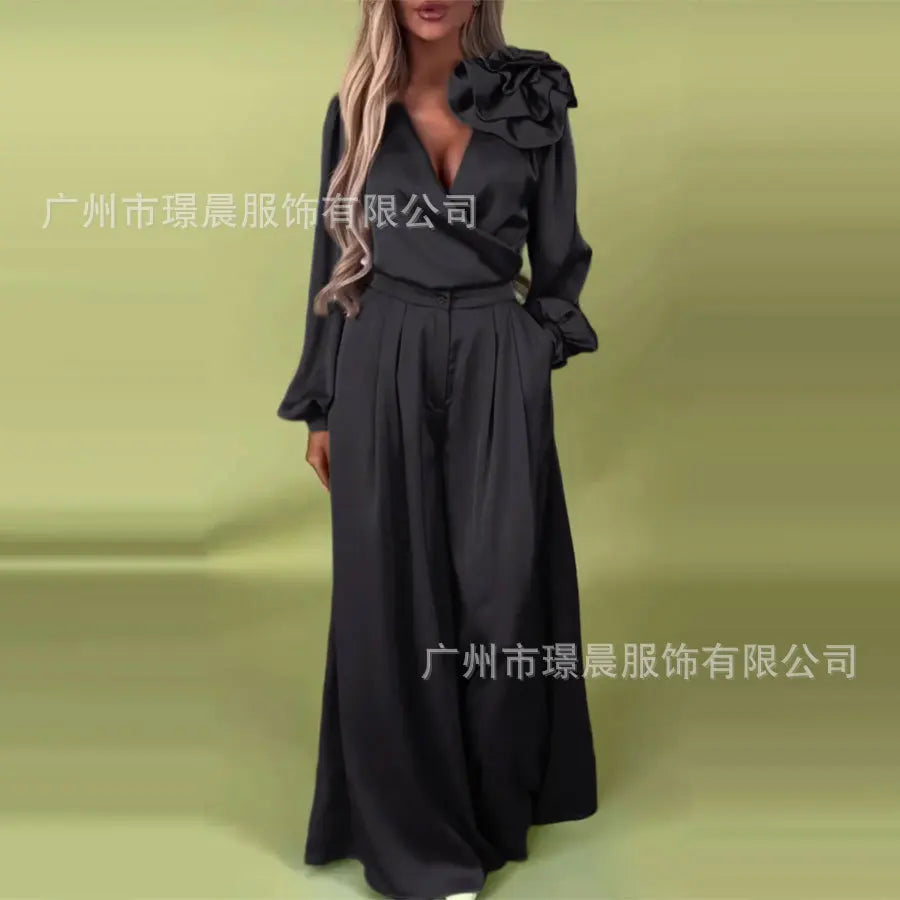 Fashion 2 Piece Set Women Outfit 2025 Apring Summer Casual Long Sleeve V-neck Blouse And Wide Leg Pant Sets Female